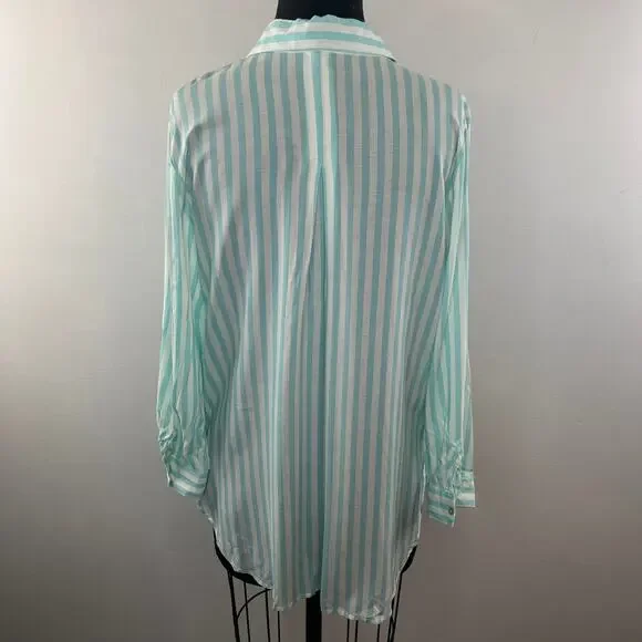 Grand & Green Green White Top Rayon Striped Pleated Button-Up Size Medium M - Picture 6 of 9